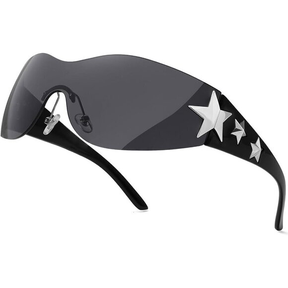 Sunglasses Star Wrap Around Glasses Black Cool Shield Shades for Unisex - Picture 1 of 7